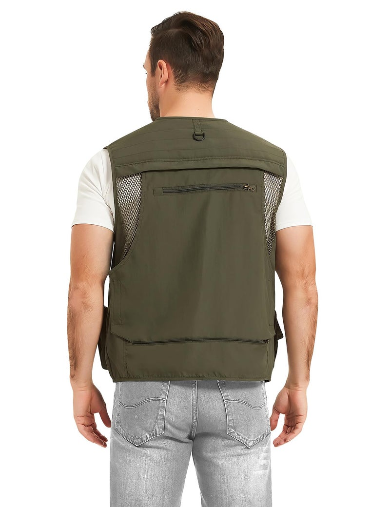 PEHMEA Men's Fishing Vest Utility Detachable Summer Vests with Pockets for Safari Travel Outdoor Work Photo Cargo Fly(Army Green-L) - Image 5